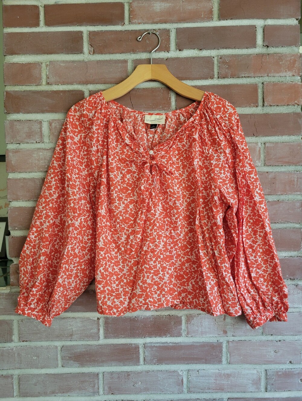 Universal Thread Coral Floral Tie-Neck Peasant Blouse
